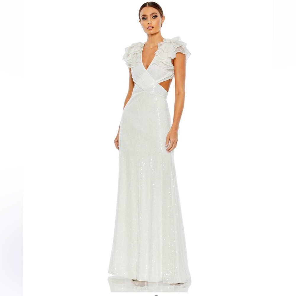 Mac Duggal white sequin v-neck gown